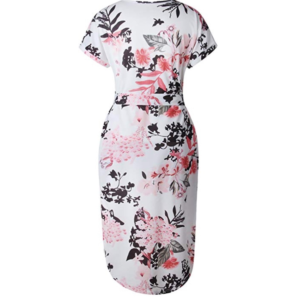 Floral Print V-Neck Belted Side Slits Midi Dress - Picture 5 of 7